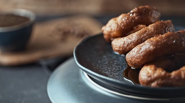 Traditional Peruvian picarones with sweet chancaca syrup drizzle.