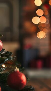 A cozy scene featuring a decorated Christmas tree adorned with vibrant red ornaments, set against a backdrop of a softly lit fireplace and festive string lights, evokes a serene holiday mood.