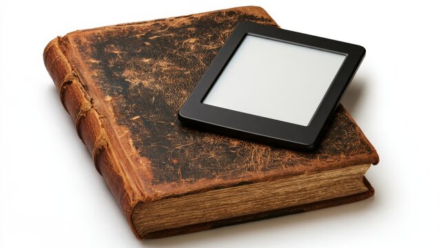 Vintage Leather Bound Book with Modern Electronic Reader Placed Beside It on a White Background