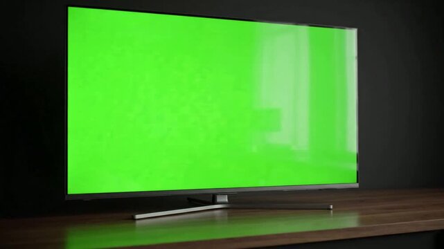 Modern smart tv with green screen display on wooden table for media compositing and product placement