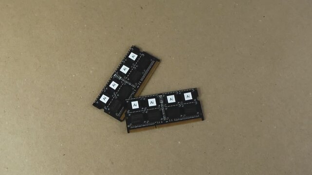AI lettered computer memory chips forming an arrow that moves and points left, symbolizing technological advancement, progress, data direction, and the future of artificial intelligence