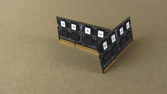 Two computer RAM modules with artificial intelligence chips spinning on a brown paper background, representing the hardware and processing power required for modern machine learning technology