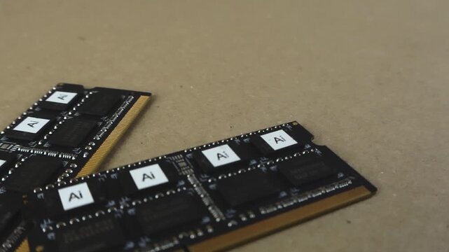 Close up view of multiple computer RAM modules with AI text on the chips, representing the hardware and processing power behind advanced artificial intelligence technology and machine learning