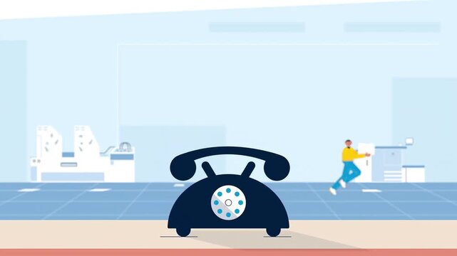 Office telephone rings while a busy worker carries important paper documents across the workplace in this smooth animated motion footage