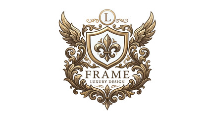 Luxury crest vector logo design featuring heraldic shield fleur de lis wings and elegant golden baroque scrollwork frame (18 words) © motiur