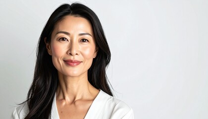 Fototapeta premium Elegant Beauty Portrait of an Asian Woman in Her 30s with Natural Glowing Skin
