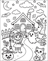 Fototapeta premium Halloween House Coloring Page with Spooky Elements Featuring Ghost, Pumpkin