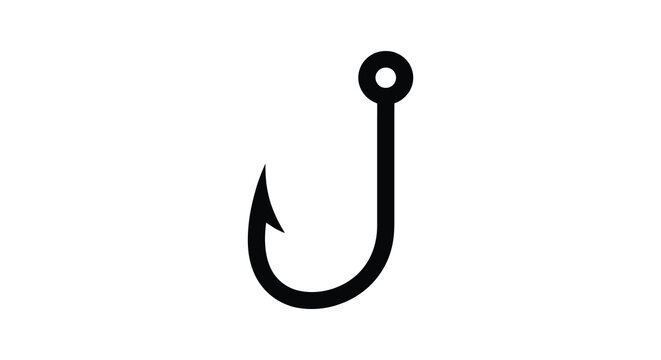 A black fishing hook shape is presented as a simple silhouette