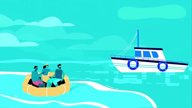 Group of three friends drifting in yellow inflatable boat on calm blue ocean water with white yacht nearby motion video