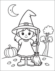 Fototapeta premium Witch Illustration with Pumpkin, Broom, and Crescent Moon Featuring Halloween
