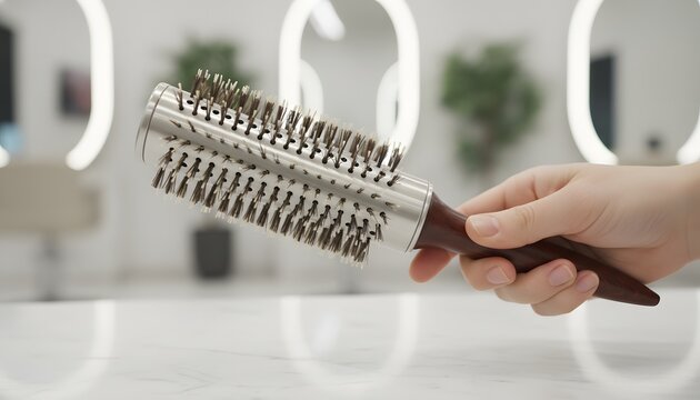Close up of professional stylist hand holding round brush above counter in bright salon interior for hair styling and grooming wellness concept in soft studio light