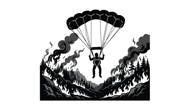 Smoke jumper parachuting down into burning forest wildfire vector illustration