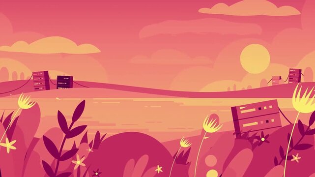Sunset landscape digital animation featuring stylized servers placed in a scenic rural field with floating clouds and motion video elements