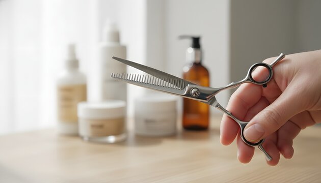 Hair stylist holding thinning shears over a wooden desk with cosmetic bottles for professional haircutting and beauty salon service concept with natural lighting