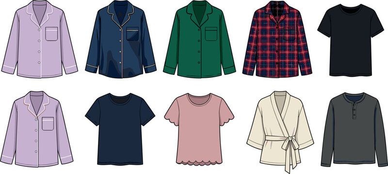 Set of various pajamas and sleepwear shirts including buttondown tops, tshirts, and a robe for loungewear collection