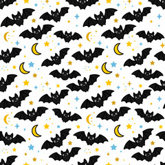 Fototapeta premium Cute Bat Seamless Pattern with Moons and Stars for Halloween Background, Kawaii Flying Bats in Night Sky Illustration for Textile and Wrapping Paper