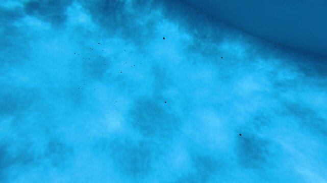 Underwater view of a swimming pool showing dirt and debris on the pool floor, representing pool maintenance, contamination, cleaning and water care.