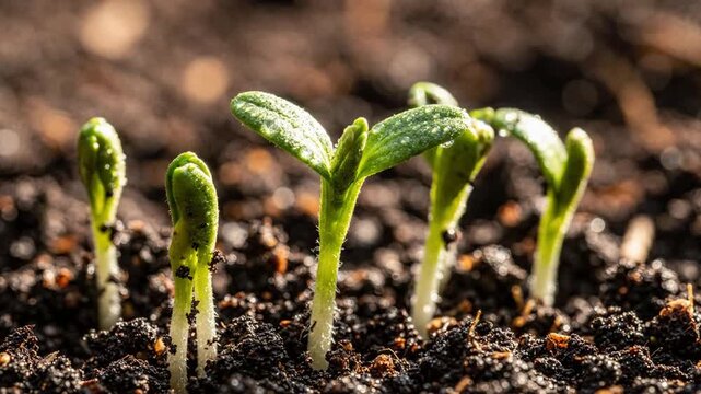 Green seedlings sprouting from rich soil: concept of new life, growth, and sustainable agriculture nature