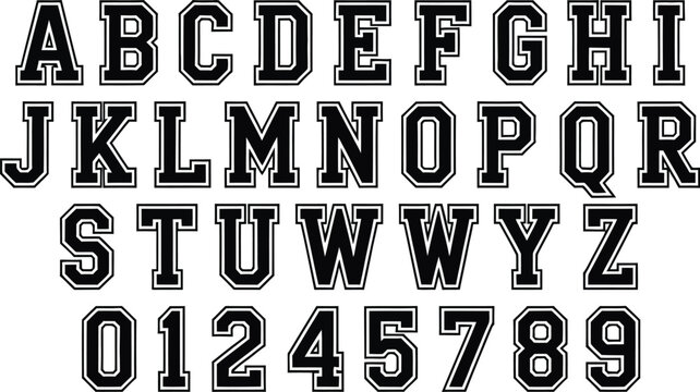 Varsity font, vector alphabet, bold collegiate lettering for sports typography, team logos, school emblems, athletic apparel prints and retro graphic designs.