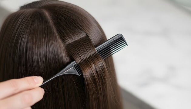 Professional salon stylist parting long shiny brown hair with precision sectioning tail comb for luxury keratin smoothing treatment and modern haircare concept