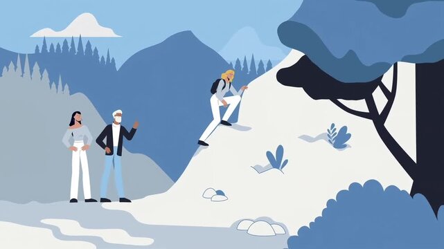 Diverse team members collaborating on a steep mountain path project in this dynamic blue vector animation style motion video footage