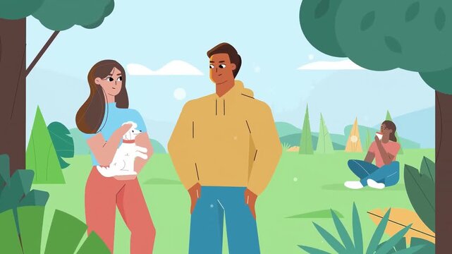 Happy people relaxing in sunny park setting with pet dog featuring animated motion footage for modern creative social media projects