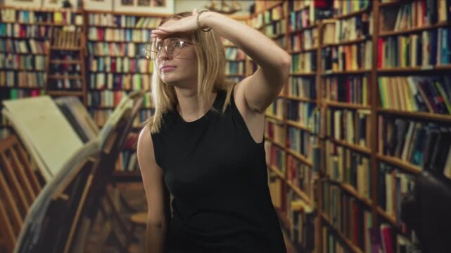 Woman shields eyes with hand while scanning tall bookshelves in a crowded library building aisle; quiet curiosity focus.