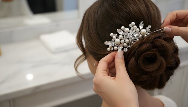 Professional stylist pinning delicate pearl accessory into brunette wedding updo hairstyle during salon preparation for luxury bridal marriage celebration concept