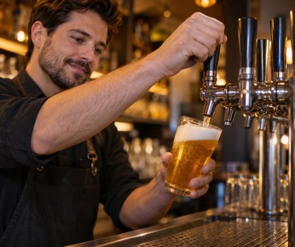Barkeeper zapft frisches goldenes Bier vom Hahn in ein Glas. Authentische Gastronomieszene mit cremiger Schaumkrone, warmer Beleuchtung und professionellem Service.