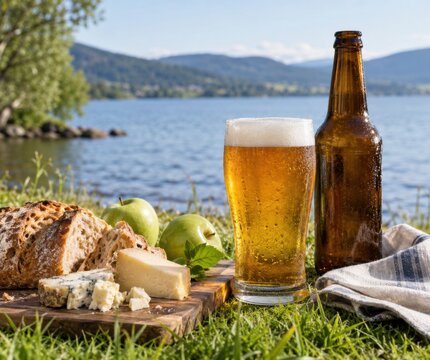 K&uuml;hles Bier mit Brot, K&auml;se und &Auml;pfeln bei einem idyllischen Picknick am See. Rustikale Brotzeit in malerischer Natur mit Bergen und sommerlicher Urlaubsstimmung.