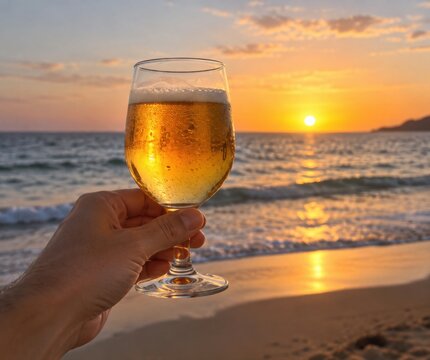 Hand h&auml;lt ein k&uuml;hles Bierglas vor einem leuchtenden Sonnenuntergang am Meer. Entspannter Urlaubsmoment am Strand mit goldenem Licht und sommerlicher Atmosph&auml;re.