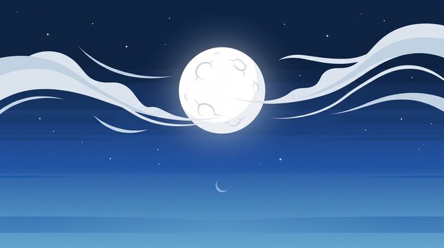 Stylized vector illustration of a glowing full moon with craters surrounded by wispy white clouds in a starry blue night sky