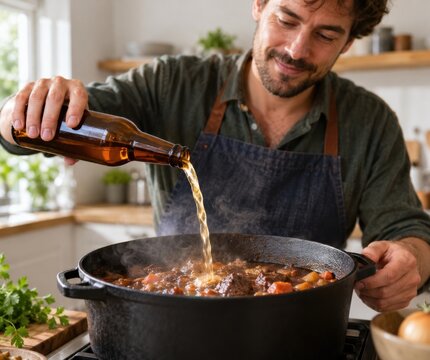 Hobbykoch gie&szlig;t Bier aus einer braunen Flasche in einen dampfenden Schmortopf. Kreative Zubereitung eines herzhaften Gerichts mit frischen Zutaten in der K&uuml;che.