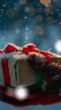 Amidst a snowy backdrop, a gloved hand holds a gift tied with a festive red ribbon, evoking holiday spirit. The scene is bathed in a soft, ethereal light, under falling snow.