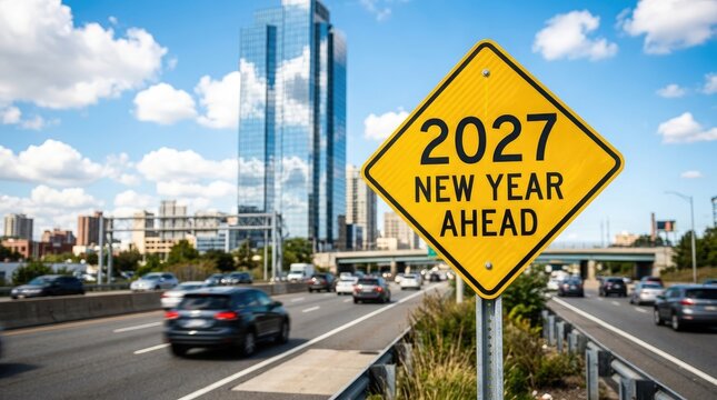 A vibrant yellow road sign boldly proclaims '2027 new year ahead ' signaling the arrival of future celebrations amidst a bustling cityscape and highway