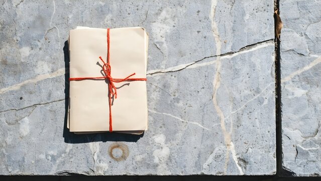 Small Gift Box Wrapped with White Paper and Red Ribbon on Stone Surface