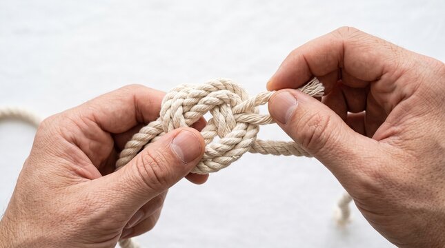 Hands tying a knot in white rope