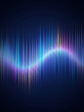 Abstract digital frequency sound waves background with glowing neon light lines in blue and purple