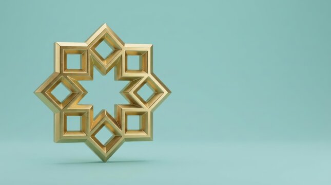 Gold 3D geometric Islamic star on light blue background.