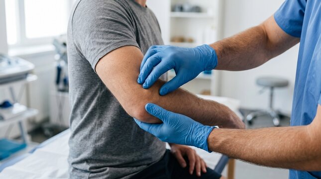 Doctor examining patient elbow in medical clinic consultation
