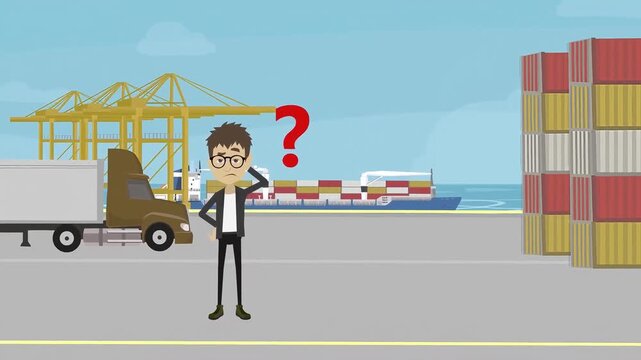 Confused man standing at a shipping port animation showing logistics operations with containers and heavy industrial cranes in motion footage