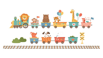 Fototapeta premium PrintCute cartoon animal train vector illustration with lion tiger bear and giraffe for nursery decor children background design banner