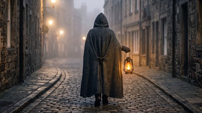 Hooded traveler carrying lantern walking along foggy cobblestone street at night.