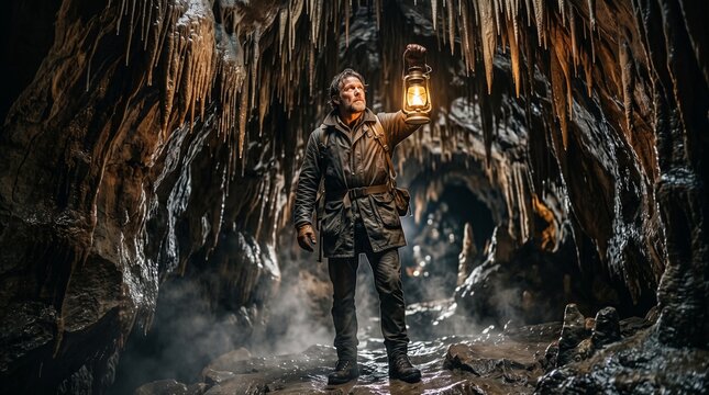Mature male explorer holding a lantern inside a dark stalactite cave.