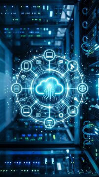 Digital cloud computing network hub glowing with holographic icons inside a modern server room, vertical composition, cool blue lighting, futuristic tech style