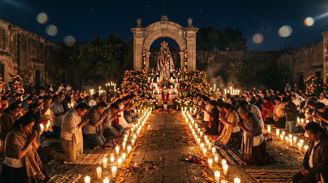 Mexican people kneeling in prayer at Day of the Dead altar vigil