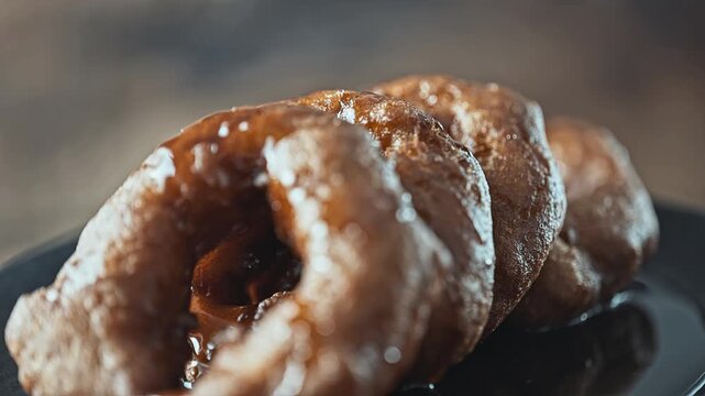 Traditional Peruvian picarones with sweet chancaca syrup drizzle.