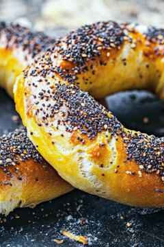 Freshly baked bagels sitting on a table, great for food or still life photography. vertical frame