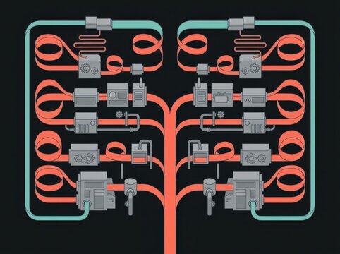 Automation schematic with branching circuit lines and industrial control modules