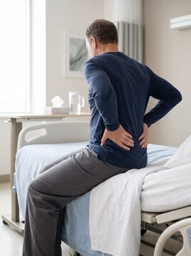 Mature man experiencing lower back pain while sitting on hospital bed